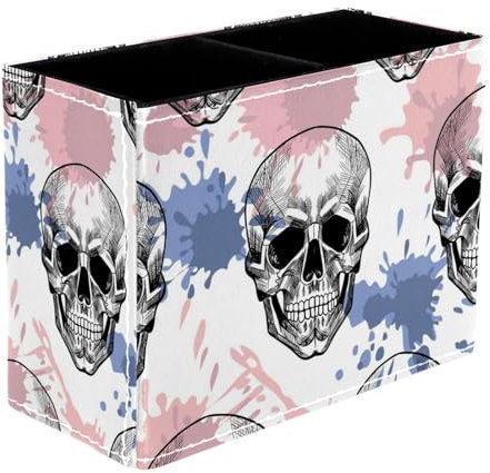 VAPOKF Pot à crayons motif tête de mort et éclaboussures pour bureau, 2 compartiments, pot à crayons, pinceaux de maquillage, organisateur de fournitures de bureau pour la maison et le bureau