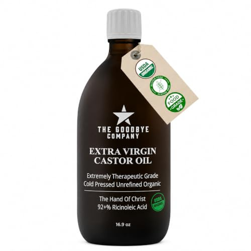 Castor Oil USDA Certified Organic Glass Bottle Pure Cold-Pressed - (500 ml) 100% Natural Virgin Castor Oil Unrefined Moisturising for Skin Hair Growth for Eyelashes, Hexane & BPA Free (16.90 Ounces)