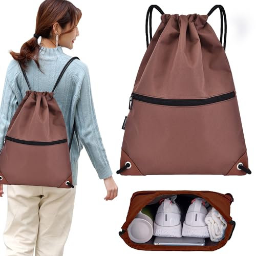 CINY Wasserdichter Turnbeutel mit Kordelzug, Rucksack, Sporttaschen für Damen und Herren mit Reißverschluss, Wasserdichte Kordeltasche Für Sport, Strand, Schwimmen, Wandern, Reisen (braun)