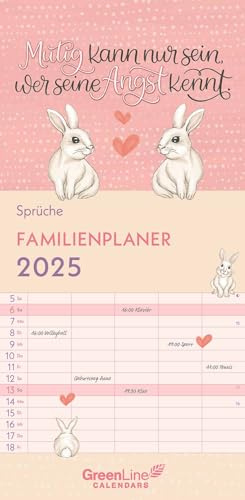 GreenLine – Sprüche 2025 Familienplaner, 22x45cm, Familienkalender mit effizienter Monatsaufteilung in 5 Spalten, für Familienorganisation, Schulferien und Stundenpläne, mit Spiralbindung
