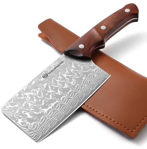 DRAHCENADER Couteau de chasse Couteau de cuisine damas Outdoor avec étui en cuir PU Outdoor fait main vg10 acier damas Couteau damas manche bois, Idéal pour couper les légumes et les fruits en plein
