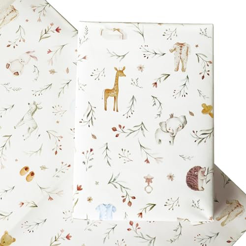 4 Blatt 50x70cm Taufe Geschenkpapier Kinder Rolle Tier Geschenkpapier Tiermuster Verpakungspapier Babyparty Geschenke für Mädchen Jungen Geschenkverpackung für Geburtstag