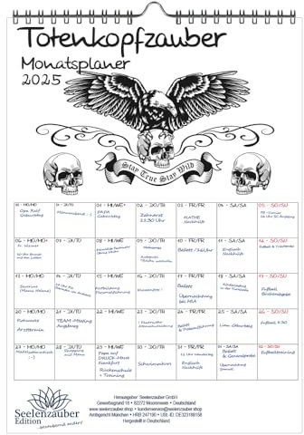 Totenkopfzauber Planer DIN A4 Kalender für 2025 Totenkopf Knochen Grufti - Geschenkset Inhalt: 1x Kalender, 1x Weihnachtskarte (insgesamt 2 Teile)