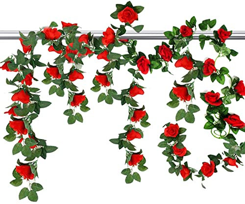 2 Pack 7.2FT Artificial Rose Garland, Artificial Flower Vine Hanging Rose Garlands for Outdoor Indoor Wedding Wall Badroom Decoration (Red)