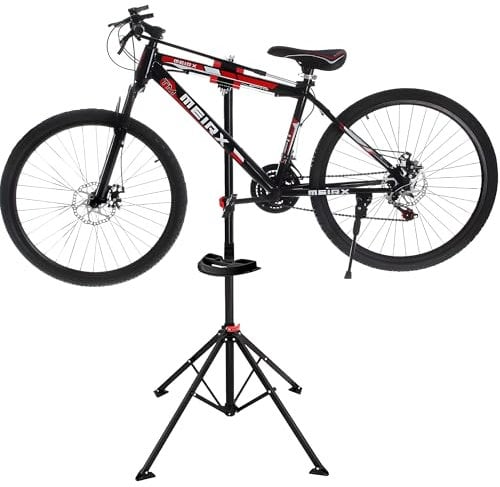 IPEB Bicycle Workstands Bench Height Adjustable Bike Repair Stand Folding Bike Maintenance Station with Tool Tray 360 Degree Swivel Clamp for Most Bikes, Black