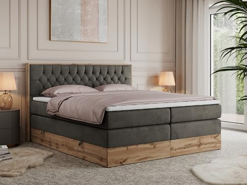 MKS MEBLE King Boxspringbett mit Bettkasten Eiche, Polsterbett mit Matratze H3, Bett mit Kopfteil, Holzrahmen in Wotan Eiche - Dunkelgrau Velvet - Amore King