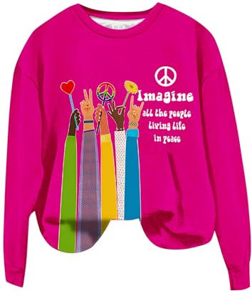 Retro Pullover Langarm Retro Hippie All The People Living Life In Peace Bedrucktes Oberteil Kapuzenpullover Pulli Mit Bild (Hot Pink, S)
