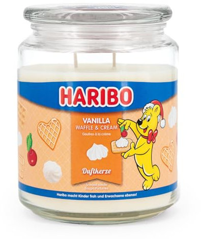 Haribo Duftkerze im Glas | Vanilla Waffle Cream 510g | Duftkerze Vanille mit Buttercreme | 2 Dochte | Brenndauer bis 100h | Geschenkidee für Winter & Weihnachten