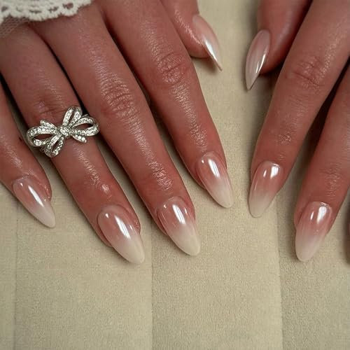 30 Stück Nude Ombre Französische Press on Nails, Fake Nails Full Cover Kunstnägel mit Nagelkleber - Babyboomer Mandel Form Acryl Nägel zum Aufkleben Full Cover in Salonqualität (Nude-Verlauf)