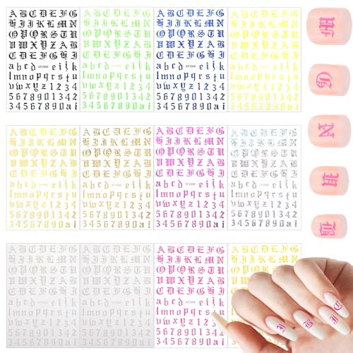 12 Sheets Old English Letter Numbers Nail Stickers - Holographic English Font Letters for DIY Nail Decoration