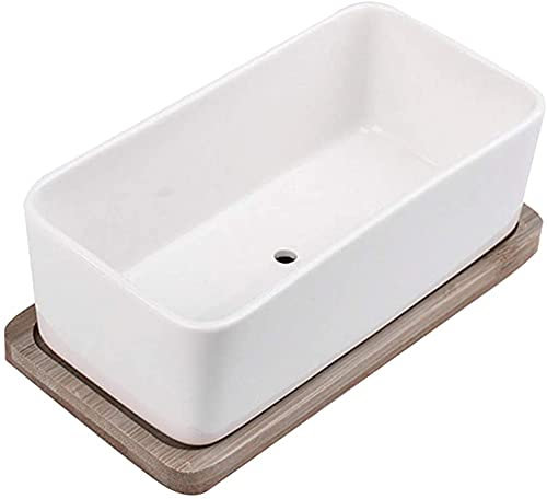 YXUANYZNB Creativity - Maceta rectangular de cerámica blanca para suculentas con drenaje y platillo de madera
