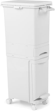 COSTWAY 3 in 1 Recycling Bins for Kitchen, Waste Separation Systerm with 3 Compartments, Middle Drawer, Lockable Wheels, Classification Stickers & Handle, Rubbish Trash Garbage Can