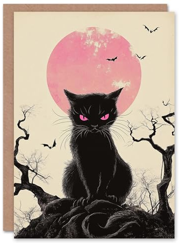 Wee Blue Coo Black Cat Scowl Full Moon Bats Trick or Treat Haunted Scary Halloween Card Blank For All