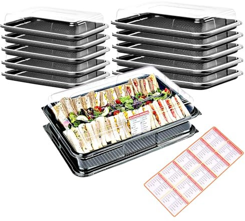 Caterline 5 Large & 5 Medium Black Base Platters with Lids & 10 Allergy Labels. Eco-Friendly,Reusable & Recyclable. Great for Sandwiches, Salads, Buffets & Parties
