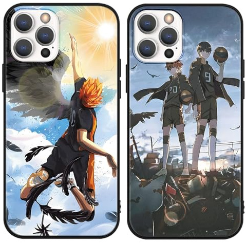 nurkorki 2 Stück Manga Handyhülle für iPhone 14 iPhone 13 Hülle 6,1,Karikatur Volleyball Boy Anime Charaktere Lustig Muster Silikon Schutzhülle,Weich TPU Bumper Stoßfeste Hülle Case,Schwarz Cool