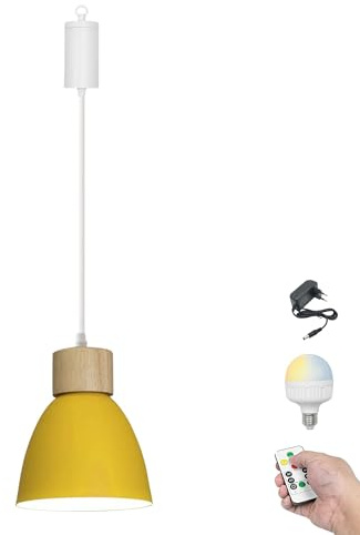 FSLiving Dimmbare Hängelampe mit Batterie Innen, Modern Eisen Hängeleuchte Batteriebetriebene Lampe, Pendelleuchte ohne Strom Stromanschluss für Küche Nachttischcafé,Gelb