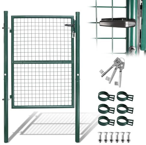Ollewiellan Portail de jardin, 150 x 100 cm, vert, en acier galvanisé, avec serrure, poignée de porte et 3 clés, résistant aux intempéries, robuste et durable