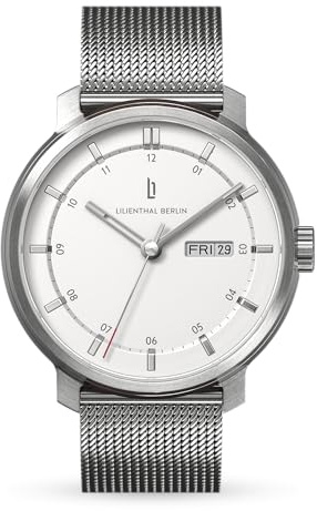 Lilienthal Berlin Neolux Day Date Automatik Uhr Silver White – hochwertige Herrenuhr aus Chirurgenstahl mit Automatikwerk & saphirgehärtetem Mineralglas – 42mm