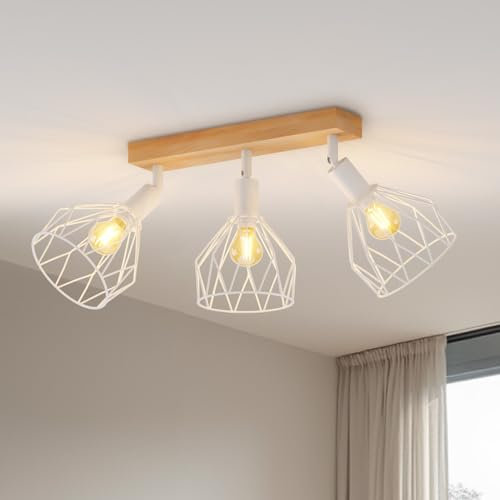 LVWIT E14 Deckenlampe 3 Flammig LED Deckenleuchte Deckenstrahler Schwenkbar 350° Holz LED Deckenspots Weiß Küchenlampe Wohnzimmer, Flurlampe Modern für Flur, Küche, Schlafzimmer