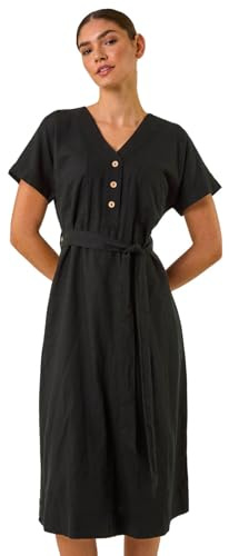 Roman Originals Swing Tea Dress Women UK Ladies Skater Midi A Line Fit & Flare Summer Casual Smart Cocktail Party Going Out Work Cruise Button Through Long Pocket - Noir Linen - Size 16