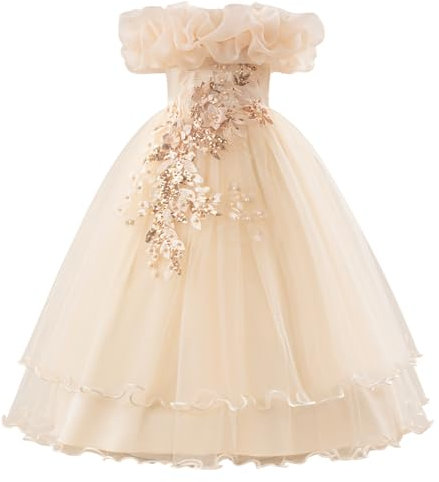 IBAKOM Robe de demoiselle d'honneur fille festive pour mariage : robe d'été sans manches avec fleurs longue - robe de princesse en tulle pour enfants de 7 à 12 ans, Abricot, 10 ans