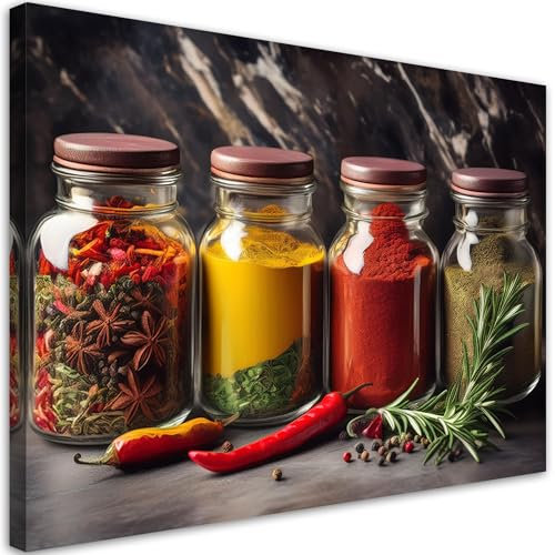 Feeby - Impression sur Toile - Intissé Tableau Decoration Murale - Épices en bocaux pour la cuisine - 60x40 1partie - Salon Peinture Tableaux - Moderne - Décoration Chambre Esthétique
