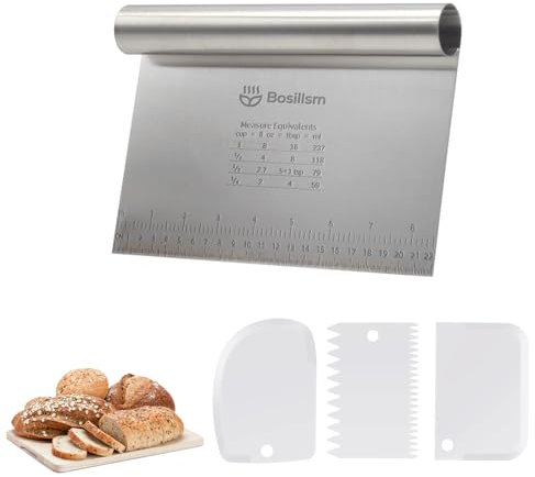 Bosillsm Set di 4 biglietti per impasti in acciaio inox con scala di misurazione, 22 x 11,5 cm, raschietto per pasta e spatola per pizza, torte, torte e utensili da forno