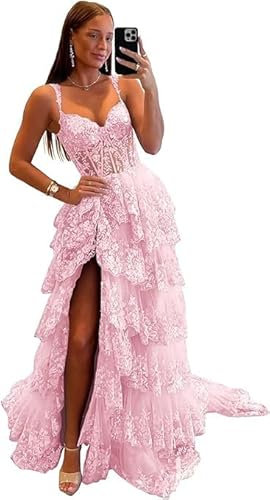 Damen Tüll Ballkleid gestufte Spitze Sweetheart Lange Kleider Sparkly Spaghettiträger Formelle Abendparty Kleider, rose, L