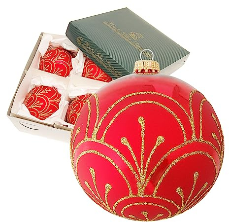Krebs Glas Lauscha - Weihnachtsdekoration/Christbaumschmuck aus Glas - Weihnachtskugeln - Motiv: Rote Kugel mit goldenen Linien - Größe: 4 mal 10cm