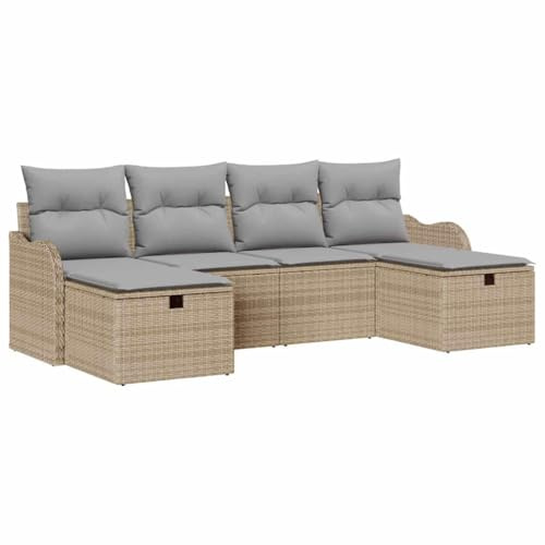 vidaXL Garten-Sofa-Set mit Kissen mit Speicher 6 pcs Beige Poly Rattan, Modulares Garten-Lounge-Set, moderner Rattansofa, rechteckige Terrassenmöbel, wetterfest und robust