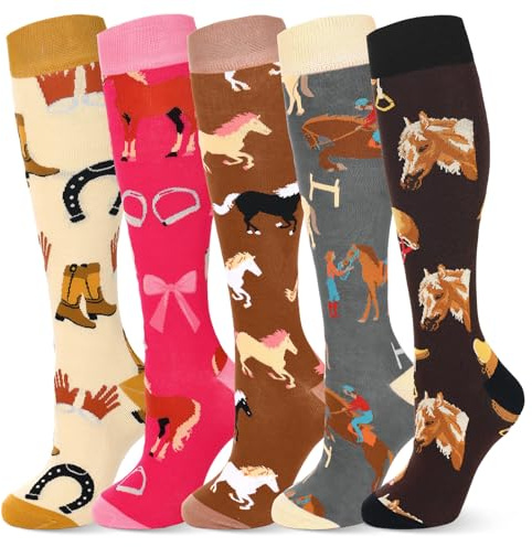 Sintege Lot de 5 paires de chaussettes d'équitation longues pour femme - Cadeau fantaisie pour les amateurs d'équitation, cowgirl, fête équestre