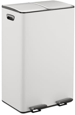 Relaxdays Poubelle de Cuisine, 2 seaux Amovibles ayant chacun Une capacité de 30 litres, pédales, Blanc et argenté