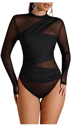 GORGLITTER Women's Mesh See Through Ruched Bodysuits Mock Neck Long Sleeve Tee Shirts Sexy Party Leotard Tops Black Large