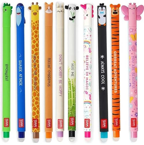 LEGAMI Set of 10 Erasable Gel Pens Dino, Shark, Giraffe, Corgi, Bunny, Panda, Unicorn, Penguin, Tiger and Butterfly