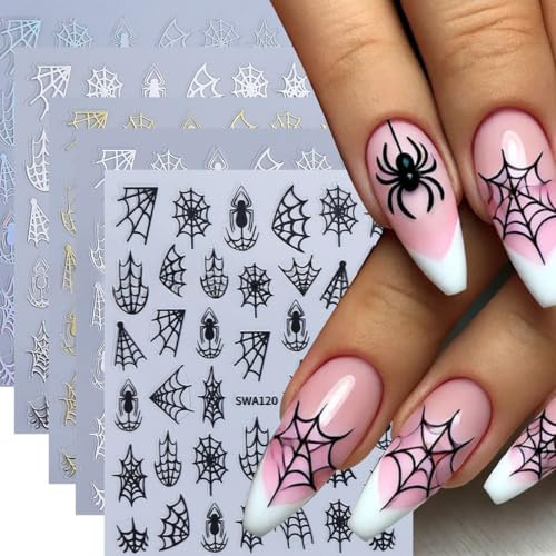 Nagelsticker Halloween 5 Blatt Nail Art Sticker Selbstklebend Nagelaufkleber Spinnen und Spinnennetze Dekoration Nageldesign Zubehör