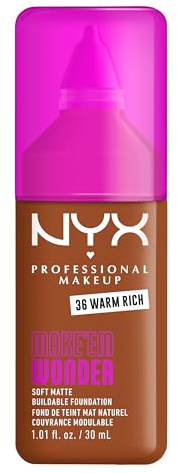 NYX Professional Makeup Make 'Em Wonder Foundation, 24H Soft Matte Aufbaubare Foundation, Mit hoher Deckkraft, Mattes Finish, 36 Warm Rich