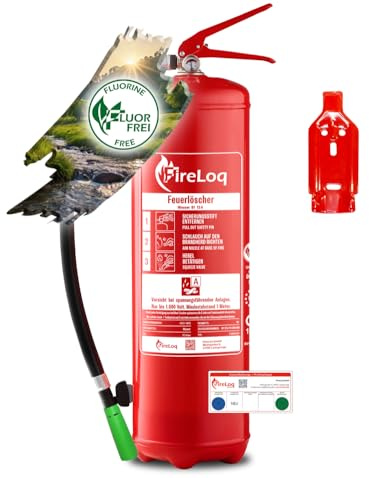 FireLoq 9L Wasser Feuerlöscher für Brandklasse A mit 13A ergibt 4LE Dauerdruck inkl. Prüfnachweis,Wandhalter und Manometer