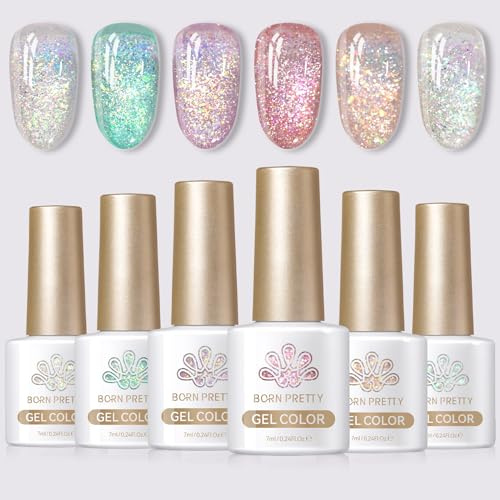 BORN PRETTY Reflective Glitter Gel Polish Set 6 Colors Iridescent Diamond Silver Gold Pink Sparkly Shiny Gel Nail Polish Soak Off U V LED Spring Summer Manicure Kit for Women