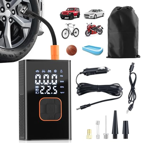 Aischens Tragbarer Reifenfüller & Luftkompressor für Auto und Fahrrad – Elektrische Luftpumpe mit digitalem Reifendruck-Manometer, wiederaufladbar (Portable Air Pump) | Wiederaufladbarer Reifenfüller, tragbarer Luftkompressor für Auto & Fahrrad, Digitalmanometer, elektrische Pumpe