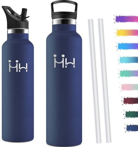 Motswedi Gourde Isotherme 1l, avec Paille, Bouteille Isotherme, Anti-Fuite, Thermos, Poignée de Transport, Gourde Inox, Réutilisable, Thermos 1l pour Voyage, Camping, Sport, Gym, Bleu Foncé