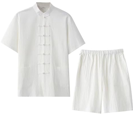 KBOPLEMQ Kung Fu Uniforme Hombres Lino Tang Traje Chino Clásico Artes Marciales Ropa Con Chaleco Y Pantalones Cortos Traje Casual Artes Marciales Tai Chi Ropa Wing Chun Traje De Tres Piezas, O blanco