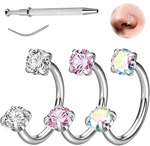 YEDOUALE 3er Set Hufeisen-Piercings aus Titanstahl mit Zirkon – Septum-, Nasen-, Augenbrauen-, Lippen- und Ohrknorpel-Piercing für Damen & Herren, hypoallergen & vielseitig einsetzbar