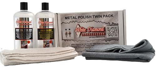 White Diamond Detail Products Metal Polish & High Shine Twin Polishing Pack for Aluminium, Stainless Steel, Brass, Copper & Gold. With Free Terry Application Cloth & Microfibre Cloth