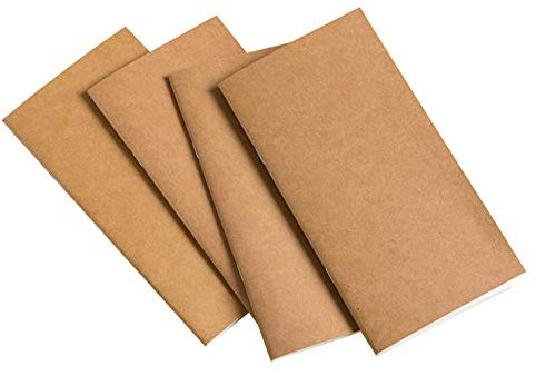 HERUIO Reise-Notizbuch-Set mit 4 Nachfüllpackungen: Blanko/Punkte/Linien/Quadrate, liniertes Papier, Kraftpapier, brauner weicher Einband, 10,9 x 21 cm, 64 linierte Seiten / 32 Blatt) x 4