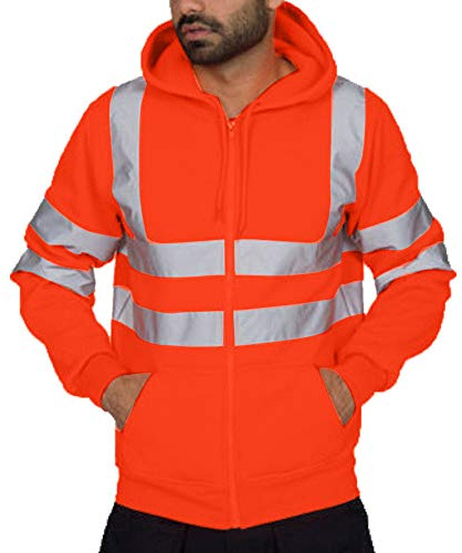 Plot Kapuzen-Sweatshirt mit hoher Sichtbarkeit, reflektierendes Band, Arbeits-Sweatshirt, Sicherheitsjacke, Arbeitskleidung mit Reisverschluss, Übergröße (7XL, Orange)