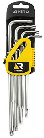 Rhino - Lot de 9 clés mâle longues étoile alésées, jeu de 9 clés torx alésées sur support - Diamètre T10 à T50 - Fabriqué en Acier (Chrome Vanadium) - Haute qualité - Garantie à vie 7192