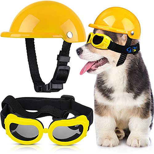 Haustier-Hundehelm und Hundebrillen-Set, gepolstert, 10.2 cm, Motorradhelm, Hunde-Sonnenbrille, Sicherheitskappe, entzückende Welpenbrille mit verstellbarem Gürtel für kleine Hunde, Größe S (Gelb)