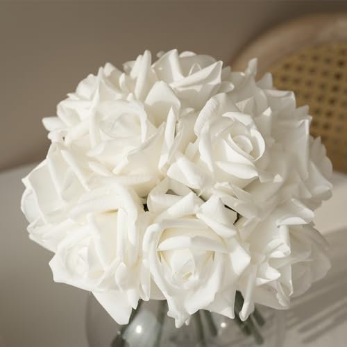 DUYONE Künstliche Rosen, einzelner Stiel, 10 Stück, künstliche Seidenblumen, Blumenstrauß, echte Haptik, für Zuhause, Party, Hochzeit, Dekoration (weiß)