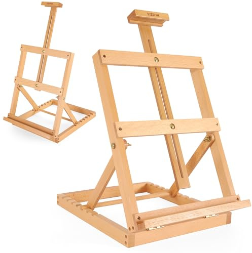 VISWIN Heavy-Duty H-Frame Tabletop Easel, Adjustable Beech Wood Table Top Easel for Painting Canvas, Hold Canvas up to 23”, Portable Art Desktop Easel Stand for Adults, Artists, Beginners – Natural