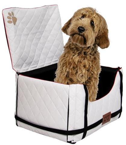 Golden Dog - Transportbox Hund mit Sicherheitsgurt XL-75x55x33 cm - Leder Imitation Autositz Hund, Wasserdicht Hundesitz Auto - Beifahrersitz Hundebox Faltbar - Anschnallgurt Hundekorb Auto, Weiß